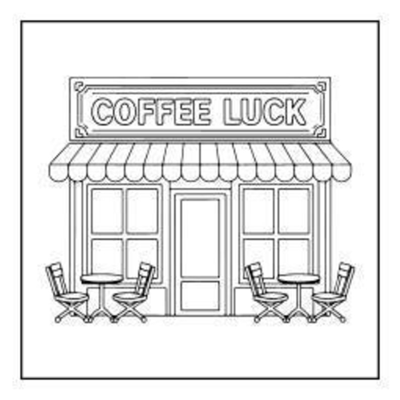 A line drawing of a storefront with an awning and the words "COFFEE LUCK" above the door, with four tables and chairs outside.