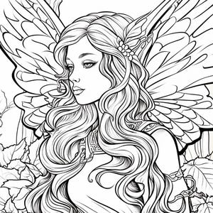 May include: A black and white line art coloring page illustration featuring a fairy with long flowing hair, large detailed wings, and a floral hair accessory, surrounded by foliage and tree trunks in a forest setting with clear outlines.