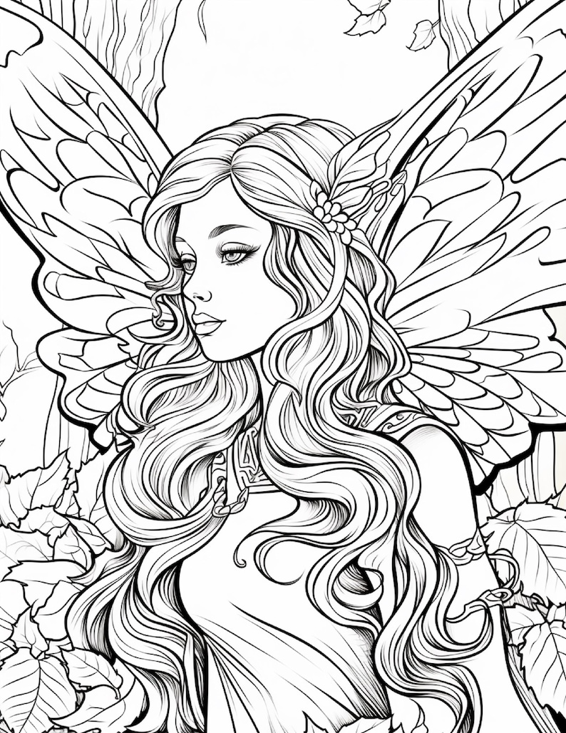 May include: A black and white line art coloring page illustration featuring a fairy with long flowing hair, large detailed wings, and a floral hair accessory, surrounded by foliage and tree trunks in a forest setting with clear outlines.