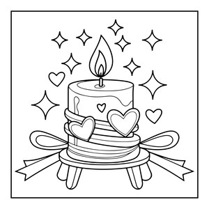 Pode incluir: Uma ilustra&ccedil;&atilde;o de arte linear em preto e branco de uma vela cil&iacute;ndrica com uma chama acesa, decorada com dois formatos de cora&ccedil;&atilde;o e envolta por uma fita. A vela repousa sobre um pequeno suporte circular, rodeada por estrelas de quatro pontas.