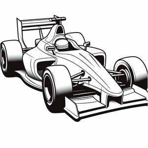 Black and white line drawing of a modern Formula One race car angled from the front left with a driver wearing a helmet inside.