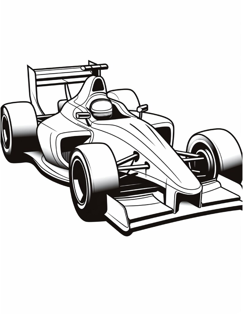 Black and white line drawing of a modern Formula One race car angled from the front left with a driver wearing a helmet inside.