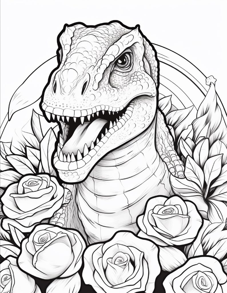 Pu&ograve; includere: Un'illustrazione in bianco e nero a tratto che presenta una testa di dinosauro dettagliata con la bocca aperta e denti affilati, circondata da diverse rose in fiore e fogliame disposti in una composizione circolare.