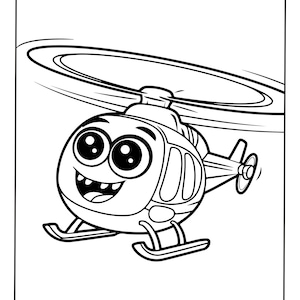 Puede incluir: Un dibujo de l&iacute;neas en blanco y negro de un helic&oacute;ptero de dibujos animados con una cara sonriente, ojos grandes y redondos y una boca ancha que muestra los dientes. El helic&oacute;ptero cuenta con un rotor principal, un rotor de cola y patines.