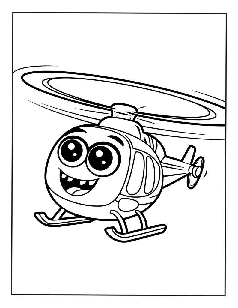 Puede incluir: Un dibujo de l&iacute;neas en blanco y negro de un helic&oacute;ptero de dibujos animados con una cara sonriente, ojos grandes y redondos y una boca ancha que muestra los dientes. El helic&oacute;ptero cuenta con un rotor principal, un rotor de cola y patines.