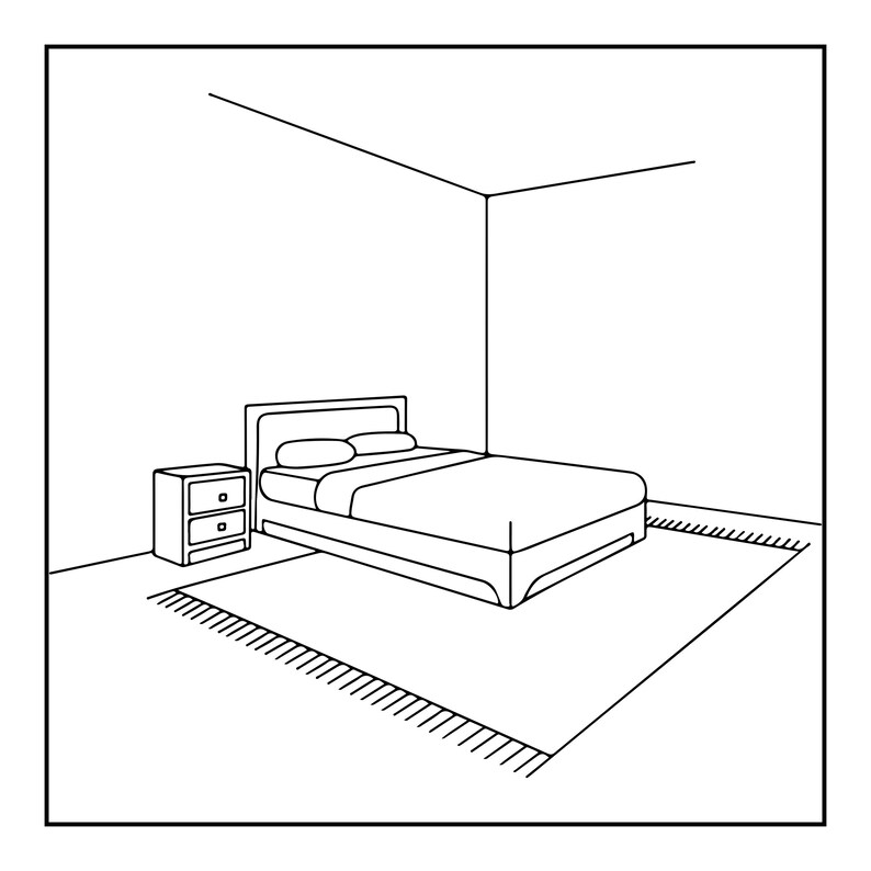 K&ouml;nnte beinhalten: Eine schwarz-wei&szlig;e Strichzeichnung eines Schlafzimmerinterieurs mit einem Bett mit zwei Kissen, einem Nachttisch mit zwei Schubladen links vom Bett und einem rechteckigen Teppich mit Fransen, der unter den M&ouml;beln platziert ist.