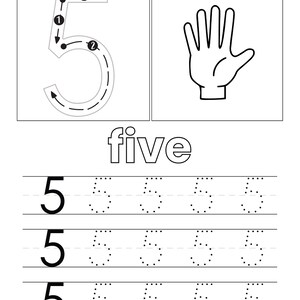 May include: A black and white educational worksheet featuring the number 5 with directional arrows for writing, an illustration of a hand with five fingers, the word five, and three rows of the number 5 for tracing practice on lined paper.