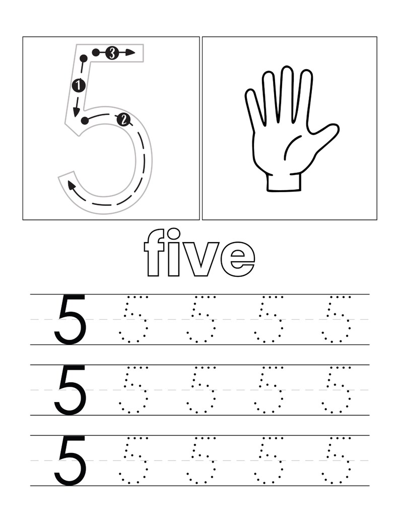 May include: A black and white educational worksheet featuring the number 5 with directional arrows for writing, an illustration of a hand with five fingers, the word five, and three rows of the number 5 for tracing practice on lined paper.