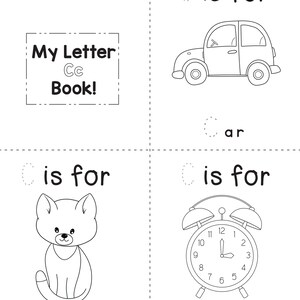 A printable coloring booklet page for the letter C showing dotted tracing text and outlines of a car, cat, and clock.