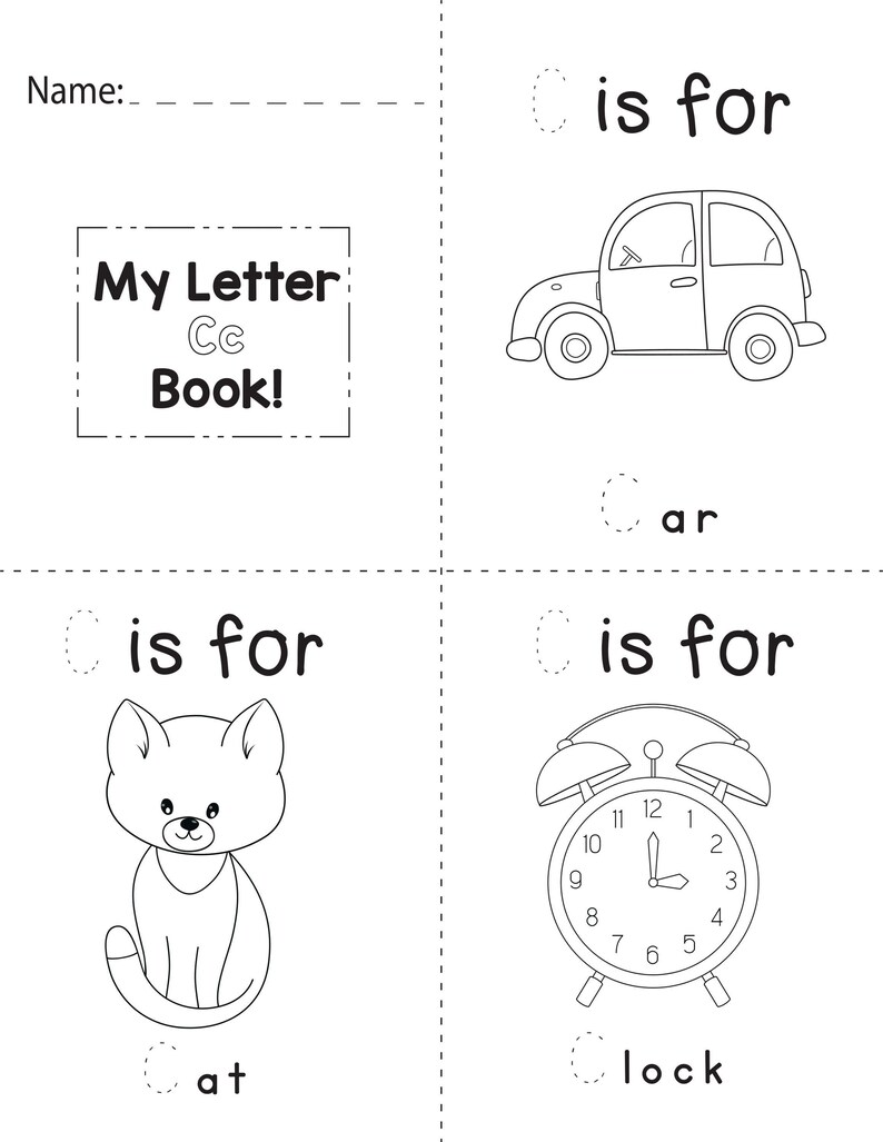 A printable coloring booklet page for the letter C showing dotted tracing text and outlines of a car, cat, and clock.