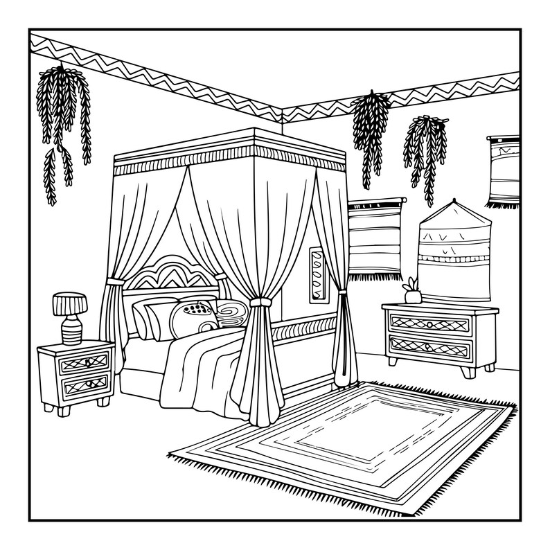 K&ouml;nnte beinhalten: Eine schwarz-wei&szlig;e Strichzeichnung eines Schlafzimmers mit einem Himmelbett mit drapierten Vorh&auml;ngen, einem Nachttisch mit Lampe, einer Kommode, einem rechteckigen Teppich, h&auml;ngenden Pflanzen und Wandteppichen mit geometrischen Mustern.