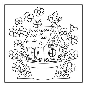 Peut inclure: Une illustration en noir et blanc sous forme de coloriage repr&eacute;sentant une petite maison de type cottage nich&eacute;e dans un pot de fleurs. La sc&egrave;ne comprend un oiseau perch&eacute; sur le toit de chaume, entour&eacute; de nombreuses fleurs et tiges.