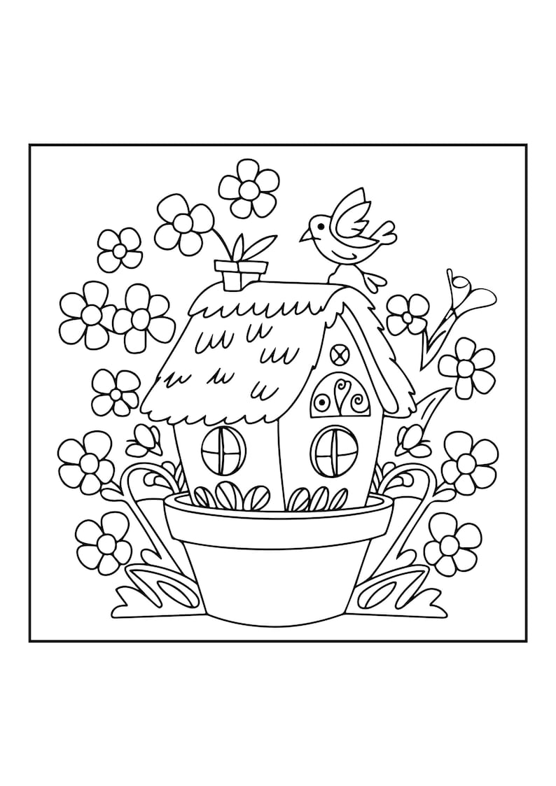 Peut inclure: Une illustration en noir et blanc sous forme de coloriage repr&eacute;sentant une petite maison de type cottage nich&eacute;e dans un pot de fleurs. La sc&egrave;ne comprend un oiseau perch&eacute; sur le toit de chaume, entour&eacute; de nombreuses fleurs et tiges.