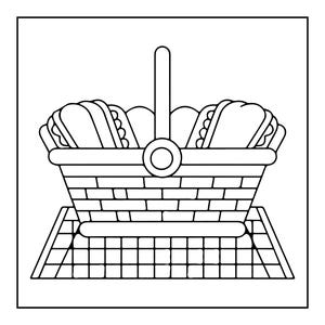 Op de afbeelding: Een zwart-witte lijntekening van een picknickmand met een centraal handvat en een gevlochten textuur. De mand is gevuld met twee broodjes en staat op een vierkant picknickkleed met een geruit patroon en een rasterontwerp.