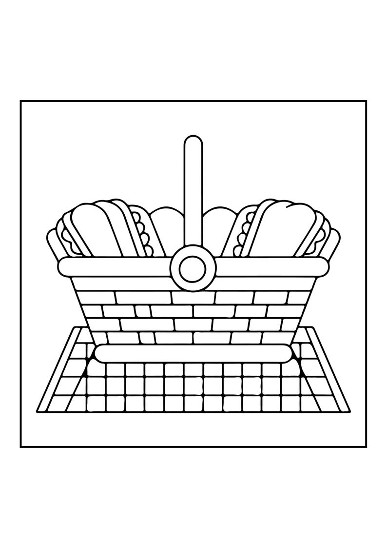 Op de afbeelding: Een zwart-witte lijntekening van een picknickmand met een centraal handvat en een gevlochten textuur. De mand is gevuld met twee broodjes en staat op een vierkant picknickkleed met een geruit patroon en een rasterontwerp.