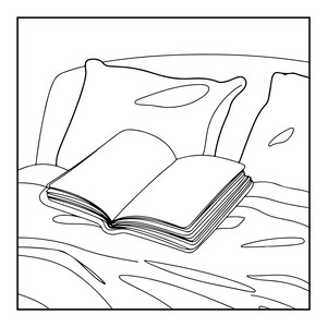May include: A black and white line art illustration depicting an open book resting on a bed. The drawing features a thick-lined outline of the book pages and cover, positioned against two pillows and a rumpled blanket with simple contour lines.
