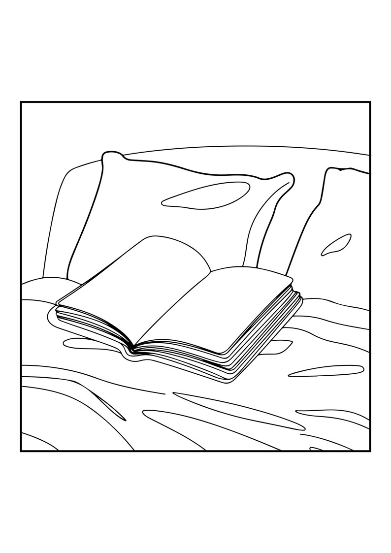 May include: A black and white line art illustration depicting an open book resting on a bed. The drawing features a thick-lined outline of the book pages and cover, positioned against two pillows and a rumpled blanket with simple contour lines.
