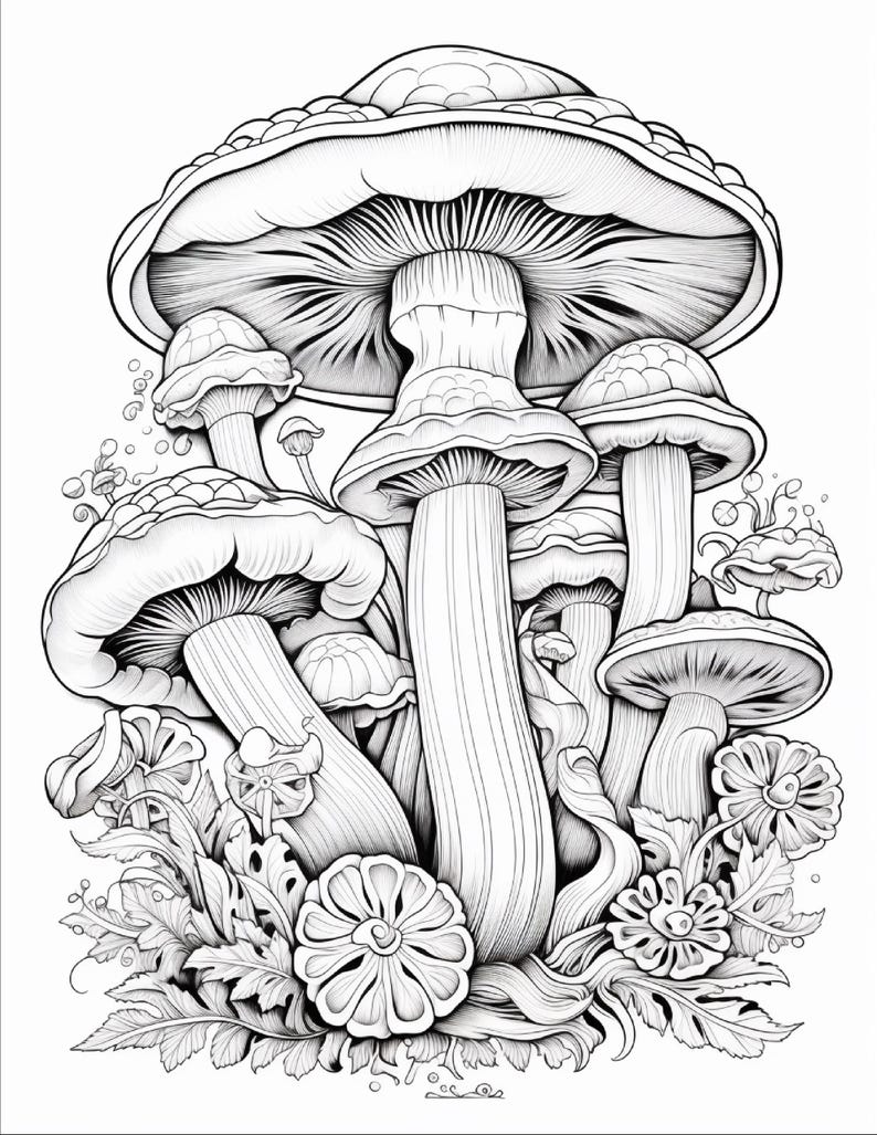 May include: A black and white line art illustration featuring a cluster of various mushrooms with detailed gills, textured caps, and thick stems, surrounded by small circular elements and stylized foliage at the base of the composition.