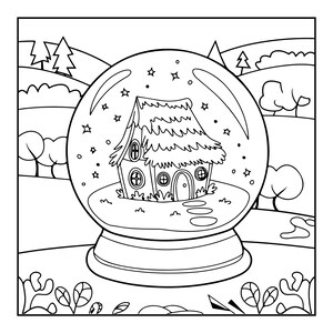 Peut inclure: Une page de coloriage en noir et blanc repr&eacute;sentant une boule &agrave; neige contenant un petit cottage au toit de chaume. La boule est d&eacute;cor&eacute;e d'&eacute;toiles et de points, sur un fond de collines vallonn&eacute;es, d'arbres et de feuillage.