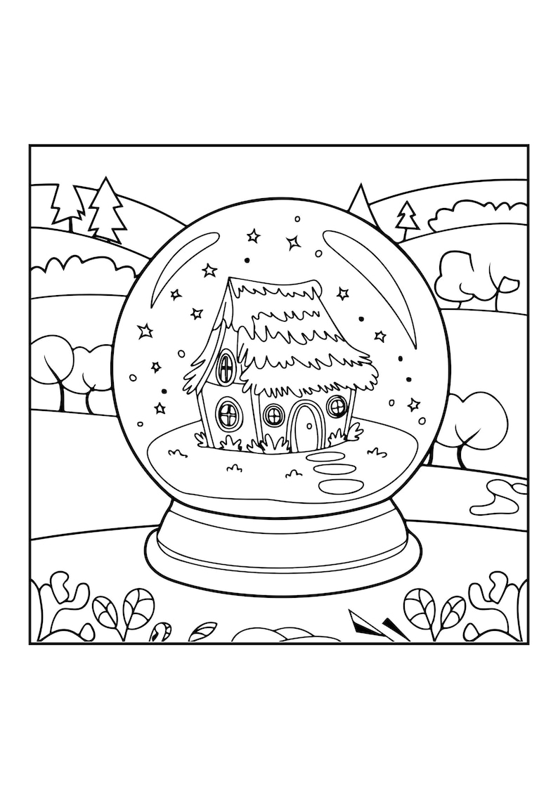 Peut inclure: Une page de coloriage en noir et blanc repr&eacute;sentant une boule &agrave; neige contenant un petit cottage au toit de chaume. La boule est d&eacute;cor&eacute;e d'&eacute;toiles et de points, sur un fond de collines vallonn&eacute;es, d'arbres et de feuillage.