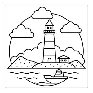 Op de afbeelding: Een zwart-witte lijntekening met een vuurtoren op een klein eiland met een klein huis, omringd door wolken en een grote cirkelvormige zon. Een boot drijft op het golvende water op de voorgrond van dit tafereel aan de kust.