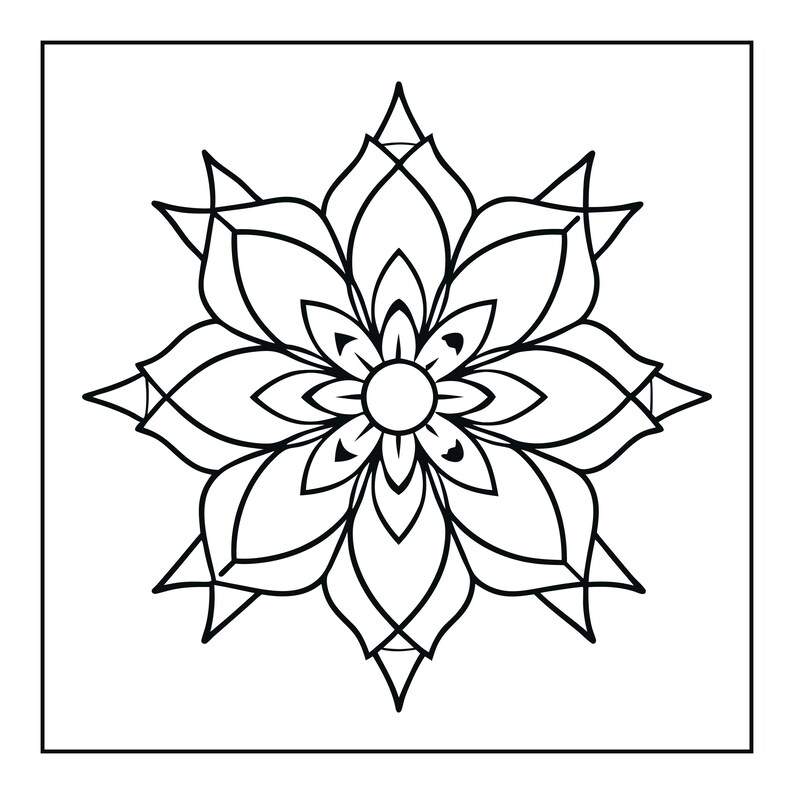 Pu&ograve; includere: Un'illustrazione in bianco e nero a tratto di un fiore simmetrico con pi&ugrave; strati di petali appuntiti che si irradiano da un nucleo circolare centrale, racchiuso all'interno di un sottile bordo quadrato su sfondo bianco.