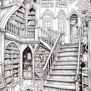 May include: A black and white line art illustration of a multi-level library interior featuring a grand central staircase, arched doorways, and floor-to-ceiling bookshelves filled with books. The scene includes a balcony, ornate railings, and potted plants.