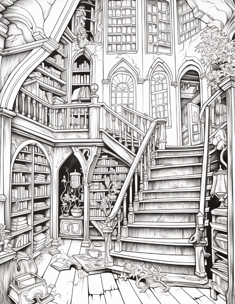 May include: A black and white line art illustration of a multi-level library interior featuring a grand central staircase, arched doorways, and floor-to-ceiling bookshelves filled with books. The scene includes a balcony, ornate railings, and potted plants.