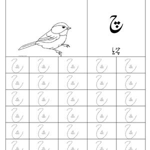 Puede incluir: Una hoja de trabajo educativa en blanco y negro para ni&ntilde;os con un dibujo lineal de un p&aacute;jaro peque&ntilde;o, la letra urdu che, la palabra urdu para p&aacute;jaro y una cuadr&iacute;cula de l&iacute;neas punteadas para trazar la letra che repetidamente.