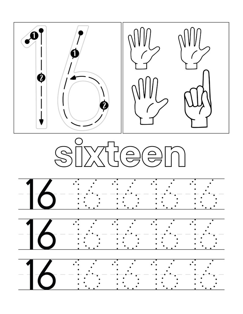 May include: A black and white educational worksheet for the number 16. It features a large number 16 with directional arrows for tracing, three hand illustrations showing sixteen fingers, the word sixteen, and three rows of practice lines for the number 16.