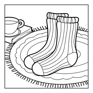 May include: A black and white line art illustration featuring a pair of ribbed socks standing upright. The socks have a distinct vertical stripe pattern, a reinforced toe section, and a ribbed cuff at the top. The drawing is rendered in a clean, bold outline style.