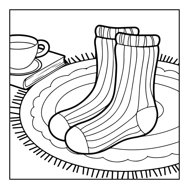 May include: A black and white line art illustration featuring a pair of ribbed socks standing upright. The socks have a distinct vertical stripe pattern, a reinforced toe section, and a ribbed cuff at the top. The drawing is rendered in a clean, bold outline style.