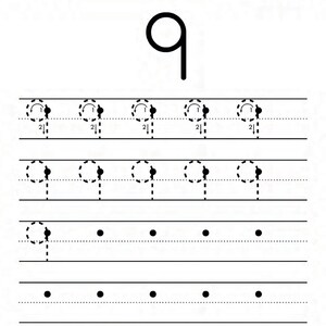 Peut inclure: Une feuille de travail &eacute;ducative blanche intitul&eacute;e Name et Number Tracing The Number 9. La page pr&eacute;sente un grand chiffre 9 noir en haut, suivi de trois lignes d'entra&icirc;nement avec des contours de chiffre 9 en pointill&eacute;s et des fl&egrave;ches.