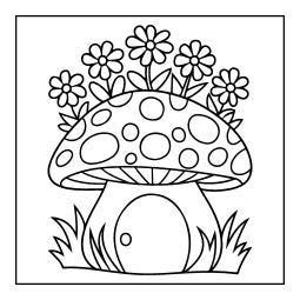 A line drawing of a mushroom house with a door and small flowers on top, surrounded by grass.