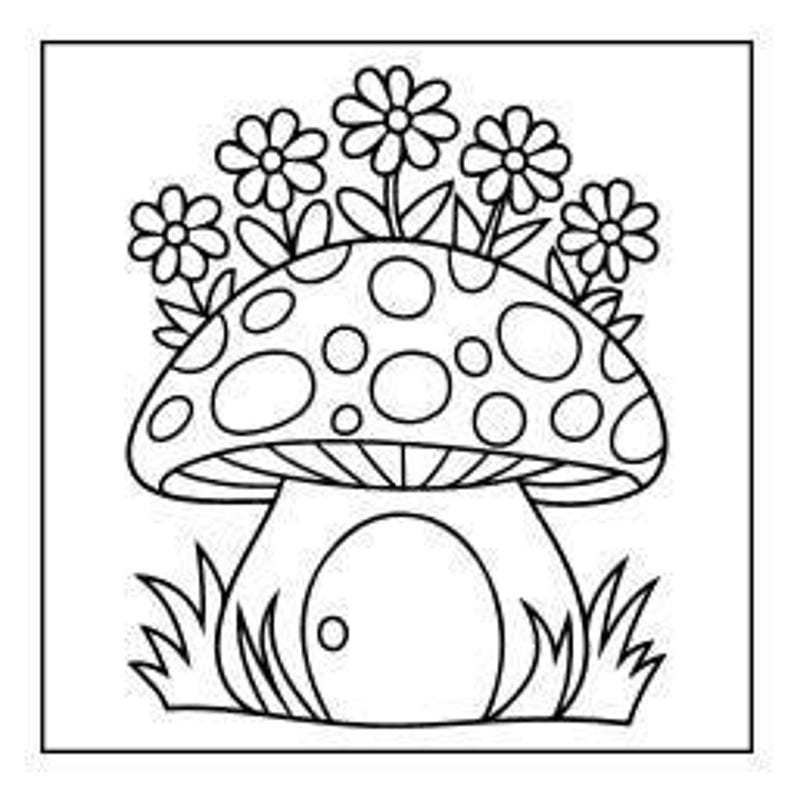 A line drawing of a mushroom house with a door and small flowers on top, surrounded by grass.