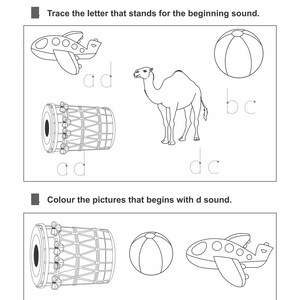 An activity page showing illustrations of an airplane, drum, camel, and ball with letter tracing prompts.
