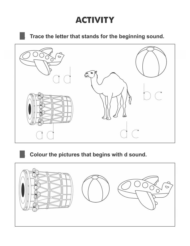 An activity page showing illustrations of an airplane, drum, camel, and ball with letter tracing prompts.