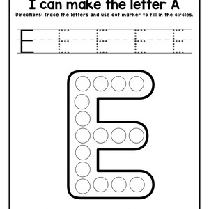 A printable worksheet featuring dotted tracing guidelines for the letter E and a large outline of the letter E filled with circles above the text E is for Elephant.