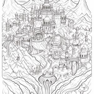 Pode incluir: Uma ilustra&ccedil;&atilde;o de arte linear em preto e branco de um vasto reino de fantasia com um castelo central de v&aacute;rias torres, edif&iacute;cios de pedra circundantes, caminhos sinuosos, pontes e cascatas, tudo contra um pano de fundo de montanhas escarpadas.