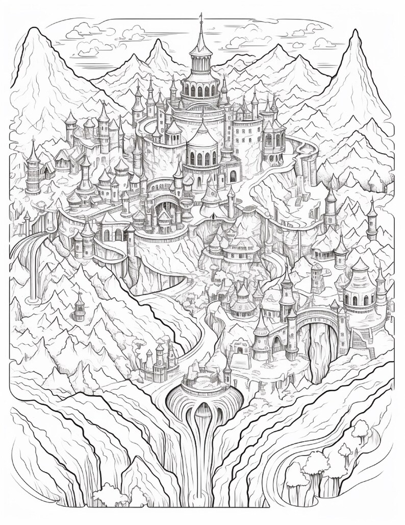 Pode incluir: Uma ilustra&ccedil;&atilde;o de arte linear em preto e branco de um vasto reino de fantasia com um castelo central de v&aacute;rias torres, edif&iacute;cios de pedra circundantes, caminhos sinuosos, pontes e cascatas, tudo contra um pano de fundo de montanhas escarpadas.