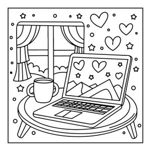 A black and white line art coloring page showing a laptop on a table with a mug, with hearts floating around the screen and a window in the background.