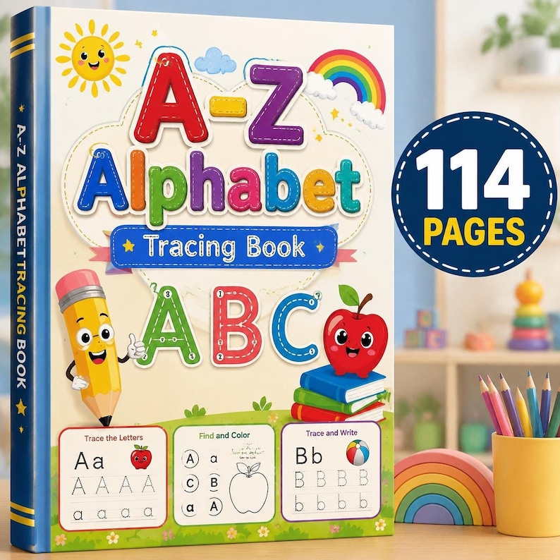 A colorful workbook titled A-Z Alphabet Tracing Book with illustrations of a sun, rainbow, cartoon pencil, and an apple.