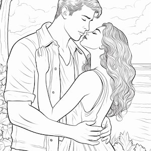 May include: A black and white line art illustration of two people embracing closely. One person has short, wavy hair and wears a button-down shirt, while the other has long, flowing wavy hair and a sleeveless dress. They stand near a tree and the ocean.