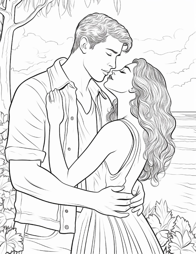 May include: A black and white line art illustration of two people embracing closely. One person has short, wavy hair and wears a button-down shirt, while the other has long, flowing wavy hair and a sleeveless dress. They stand near a tree and the ocean.