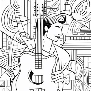 May include: A black and white line art illustration featuring a stylized figure holding an acoustic guitar. The composition includes geometric shapes, swirling patterns, and architectural elements in the background, creating a complex, high-contrast graphic design.