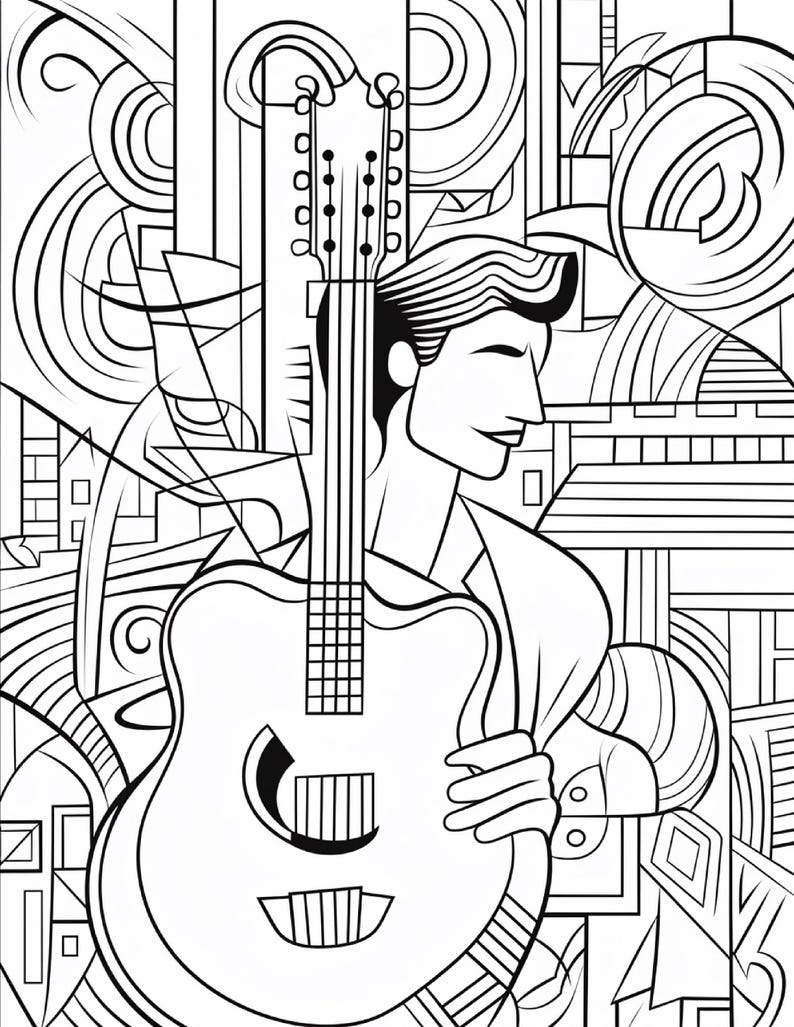 May include: A black and white line art illustration featuring a stylized figure holding an acoustic guitar. The composition includes geometric shapes, swirling patterns, and architectural elements in the background, creating a complex, high-contrast graphic design.