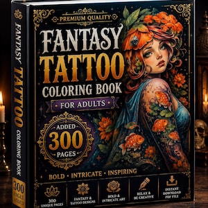 May include: A black hardcover coloring book titled Fantasy Tattoo Coloring Book for Adults with 300 pages. The cover features a gold and orange illustration of a person with floral hair and fish tattoos, surrounded by gold filigree and text.