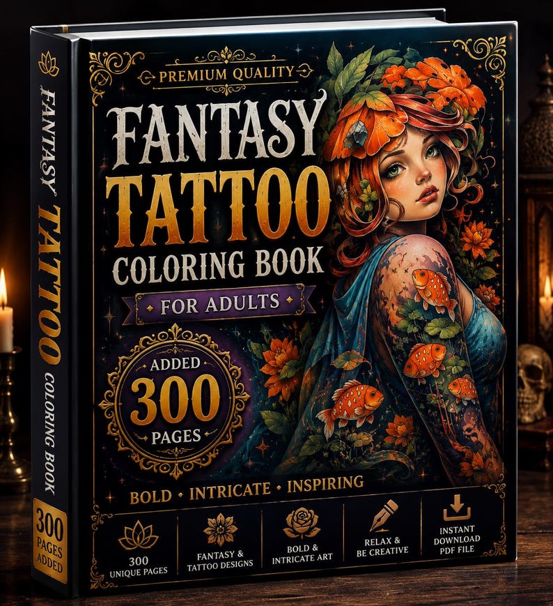 May include: A black hardcover coloring book titled Fantasy Tattoo Coloring Book for Adults with 300 pages. The cover features a gold and orange illustration of a person with floral hair and fish tattoos, surrounded by gold filigree and text.