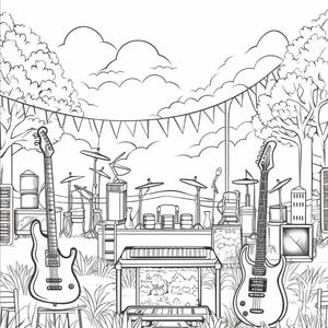 May include: A black and white line art illustration of an outdoor music stage set up in a grassy area with trees and clouds in the background. The scene features two electric guitars, a drum kit, a keyboard on a stand, and hanging bunting.