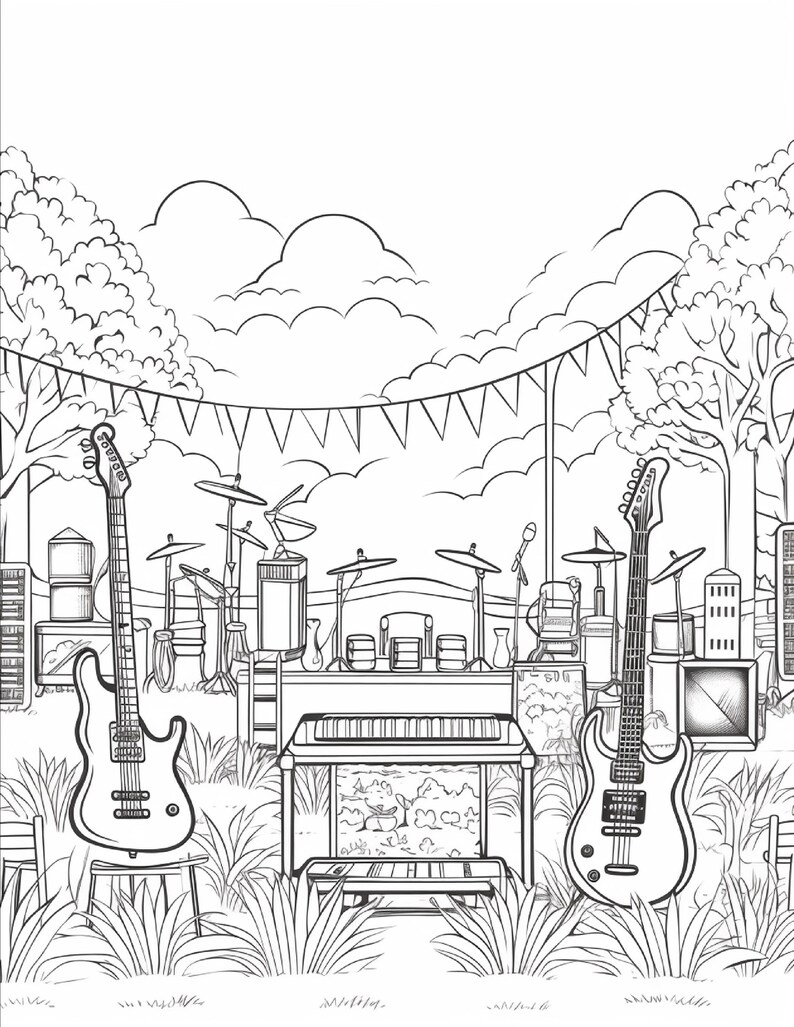 May include: A black and white line art illustration of an outdoor music stage set up in a grassy area with trees and clouds in the background. The scene features two electric guitars, a drum kit, a keyboard on a stand, and hanging bunting.
